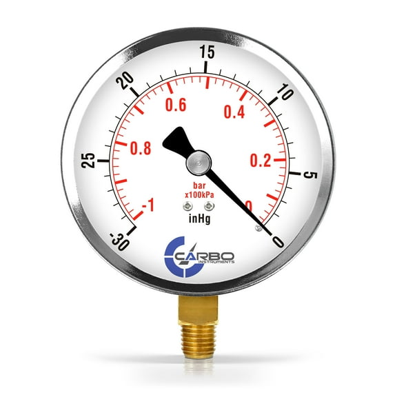 CARBO Instruments 4" Pressure Gauge, Chrome Plated Steel Case, Dry, Vacuum -30Hg/0 , Lower Mount 1/4" NPT
