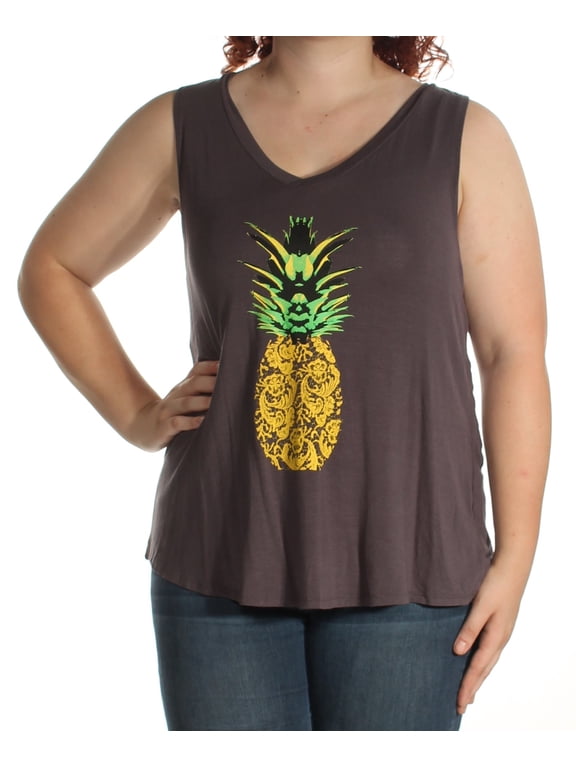 $39 Womens New 1569 Gray Pineapple V Neck Sleeveless Top XL B+B