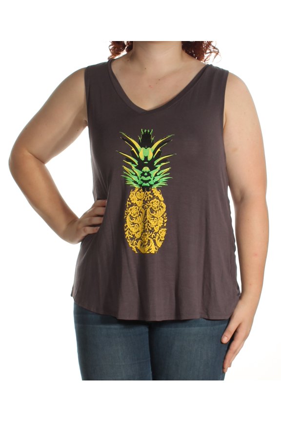 $39 Womens New 1569 Gray Pineapple V Neck Sleeveless Top XL B+B