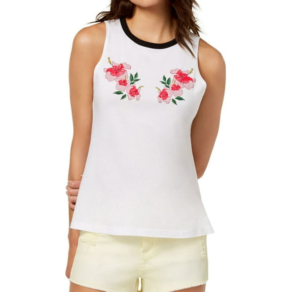 CARBON COPY Womens White Floral Embroidered Sleeveless Crew Neck Tank Top  Size: S