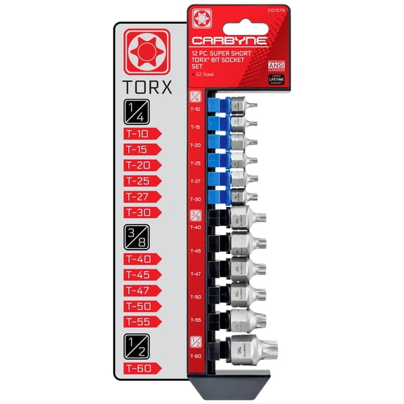 Carbyne 12-Piece Stubby Low Profile Torx Bit Socket Set, T10 to T60, S2 Steel, 1/4 in. and 3/8 in. Drive, Genuine Licensed Torx