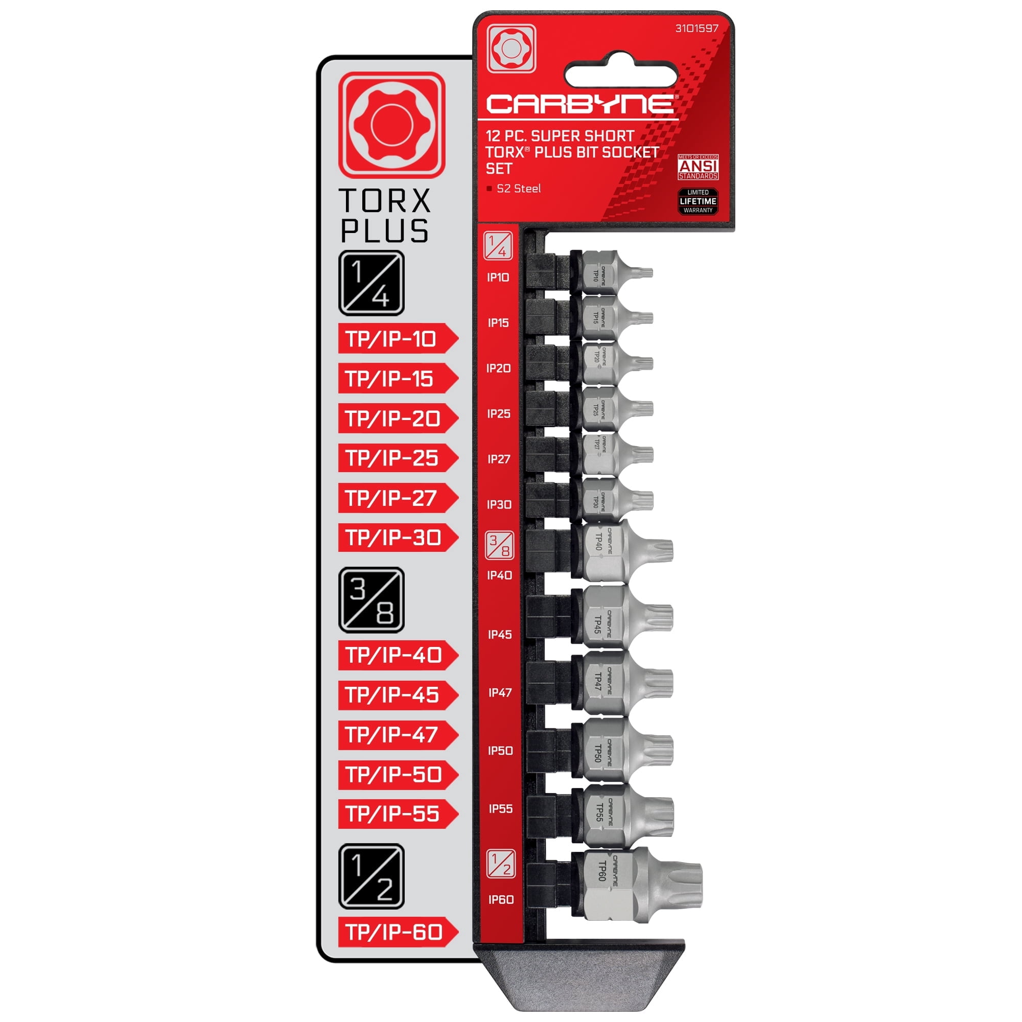 Carbyne 12-Piece Torx Plus Super Short Low Profile Bit Socket Set, 6 Lobe, Tp10 to Tp60, S2 Steel, Dual-Drive, 1/4 3/8 1/2 in. Drive, Genuine Licensed