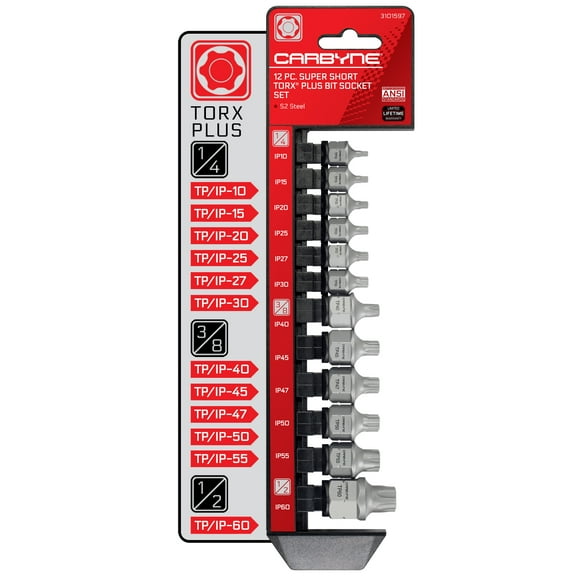 CARBYNE 12 Piece Super Short Torx Plus (aka 6 Lobe) Bit Socket Set, TP10/IP10 to TP60/IP60 Sizes, S2 Steel, Low Profile One Piece Socket Bit Design, Two Drive OptionsInternal Square and External Hex