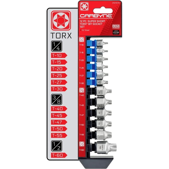 CARBYNE 12-Piece Torx Super Short Low Profile Bit Socket Set | T10 to T60 Sizes, Dual-Drive: Internal Square Drive & External Hex Drive • From a Family-Run Tool Company in the U.S.
