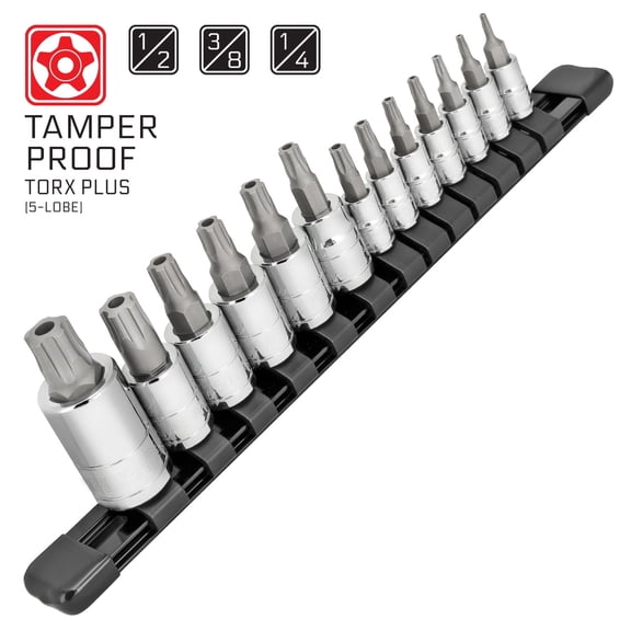 Carbyne 13-Piece Tamper-Proof Torx Plus Bit Socket Set, 5 Lobe Security, Tpr-8 to Tpr-60, S2 Steel, CrV Sockets, 1/4 3/8 1/2 in. Drive