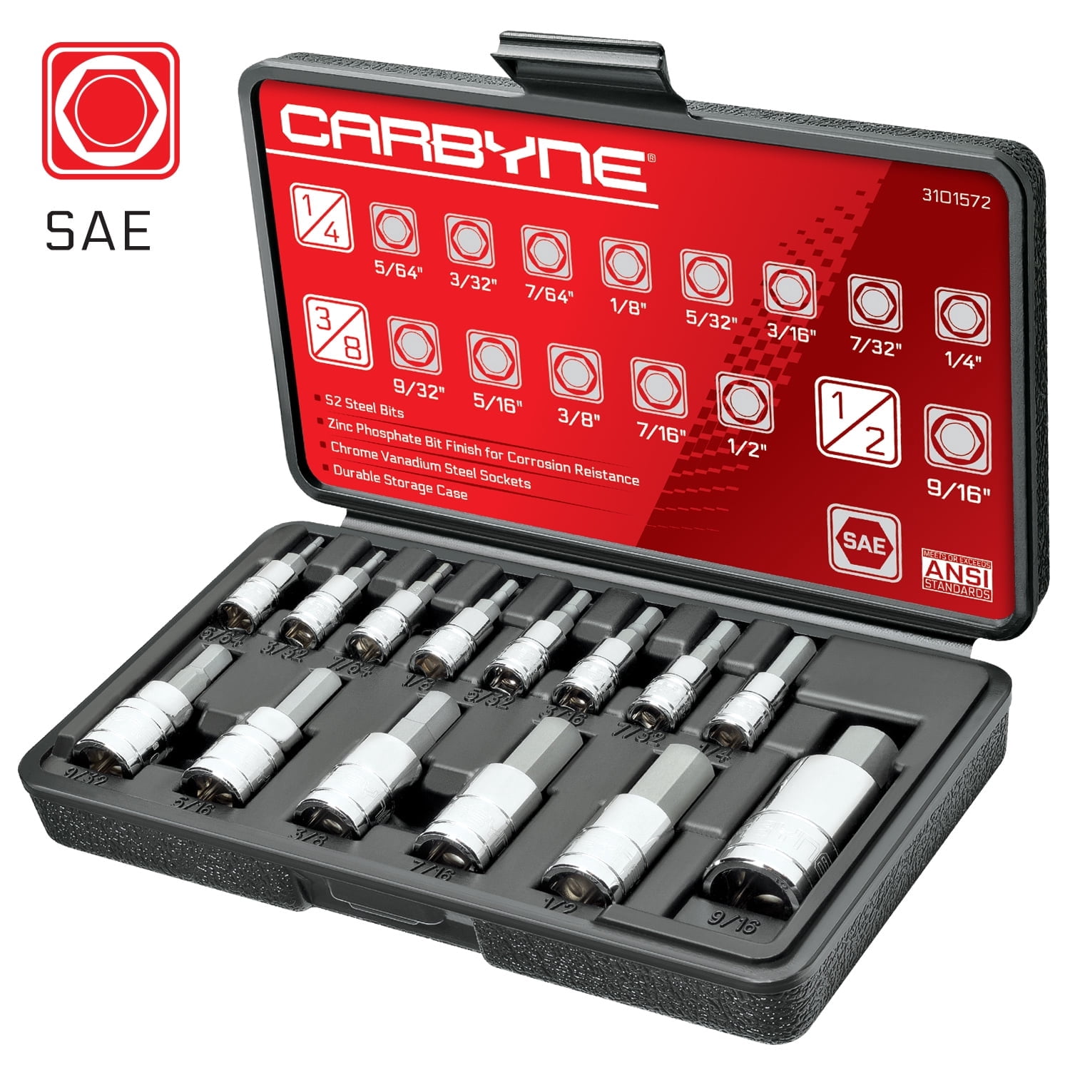 Carbyne 14-Piece SAE Hex (Allen) Bit Socket Set, 5/64 in. to 1/2 in., S2 Steel Bits, CrV Sockets, 1/4 in. 3/8 in. 1/2 in. Drive, Zinc Phosphate