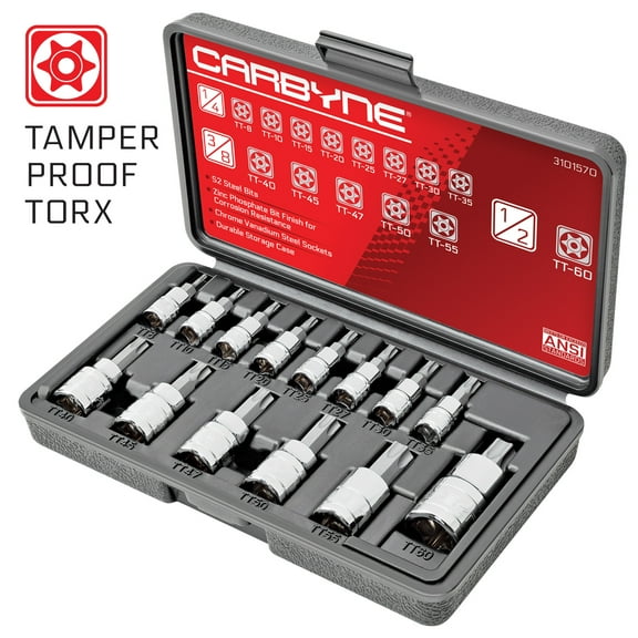CARBYNE 14 Piece Tamper Proof Torx Bit Socket Set, T-8 to T-60 Sizes, S2 Steel Bits, Zinc Phosphate Bit Finish, Chrome Vanadium Steel Sockets, 1/4", 3/8" & 1/2" Drive with Durable Storage Case