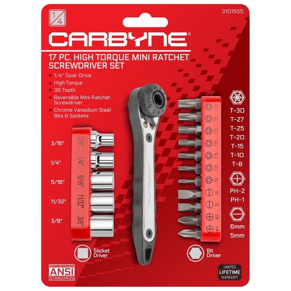 Carbyne 17-Piece Right Angle Offset Mini Ratchet Wrench Screwdriver Set, 1/4 in. Drive, Phillips/Slotted/Torx/Hex (Allen) Bits, Lifetime Warranty