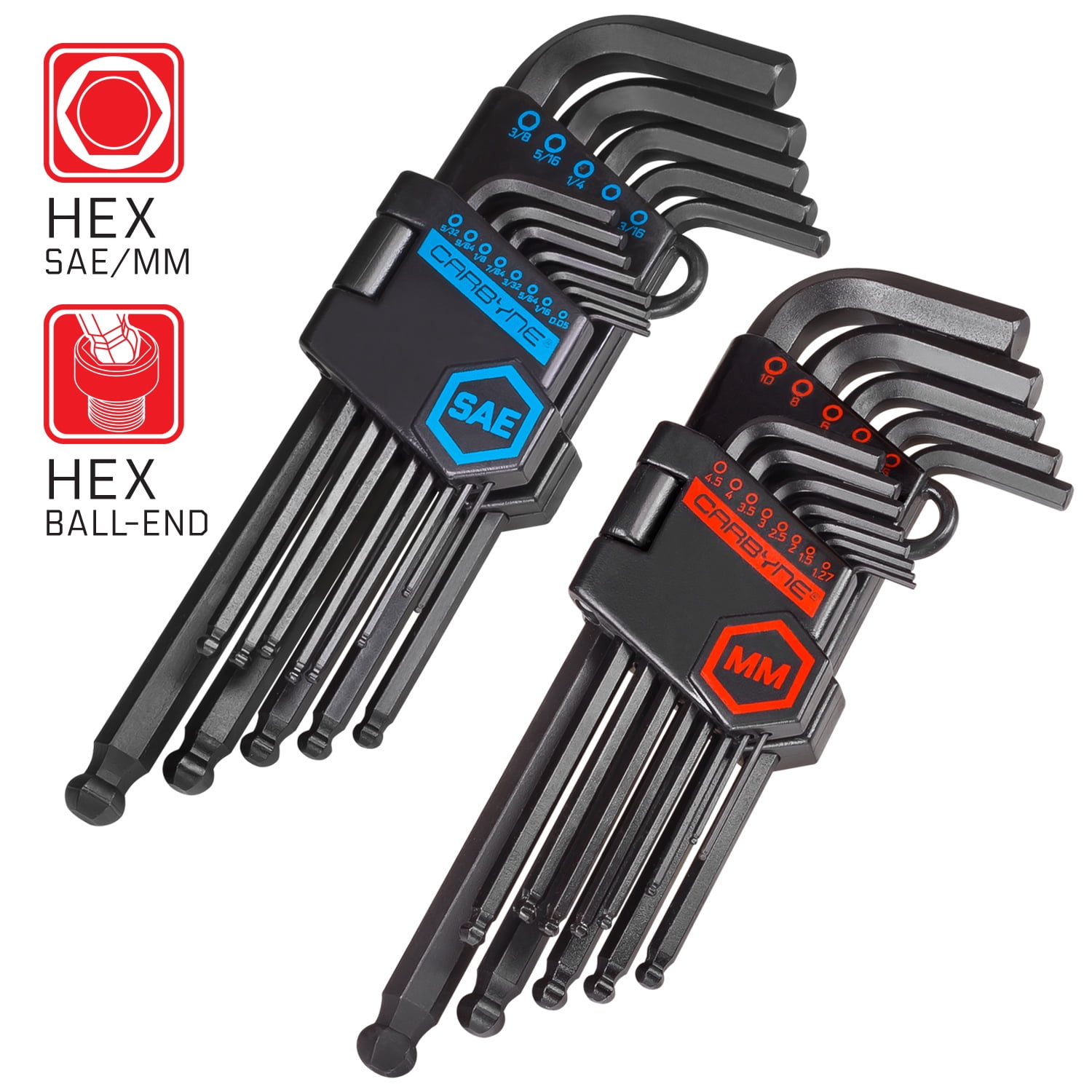 CARBYNE 26 Piece Long Arm Ball End Hex Key Wrench Set, SAE & Metric, S2 Steel, Manganese Phosphate Finish, Ball Hex Ends Permit 25-Degree Entry Angle, Precision Chamfered Ends