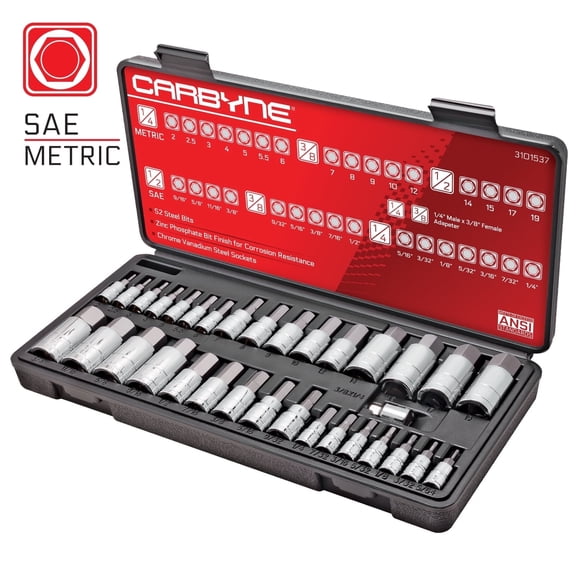 CARBYNE 33-Piece Master Hex (Allen) Bit Socket Set, SAE & Metric, 1/4", 3/8", 1/2" Drive with Case