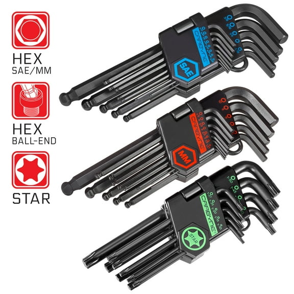 CARBYNE 35 Piece Long Arm Ball End Hex Key Wrench Set, SAE/Metric/Torx, S2 Steel, Manganese Phosphate Finish, Ball Hex Ends On SAE & Metric Permit 25-Degree Entry Angle, Precision Chamfered Ends