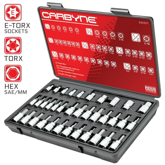 CARBYNE 36 Piece Hex, Torx Bit Socket & E-Torx Socket Set, S2 Steel Bits, Zinc Phosphate Bit Finish, Chrome Vanadium Steel Sockets, 1/4", 3/8" & 1/2" Drive with Durable Storage Case