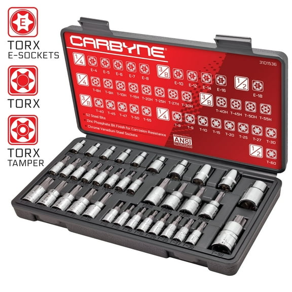 CARBYNE 36 Piece Torx Bit Socket Set & E-Socket Set, S2 Steel Bits, Zinc Phosphate Bit Finish, Chrome Vanadium Steel Sockets, 1/4", 3/8" & 1/2" Drive with Durable Storage Case