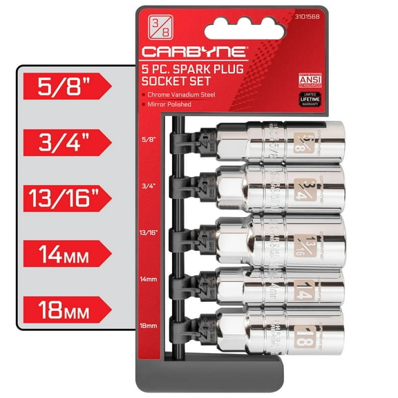 CARBYNE 5 Piece Spark Plug Socket Set - SAE & Metric, 5/8", 3/4", 13/16", 14mm, 18mm Sizes,  3/8" Dr., 6 Point, Chrome Vanadium Steel, Mirror Polish, Rubber Retainers, High Visibility Size Markings