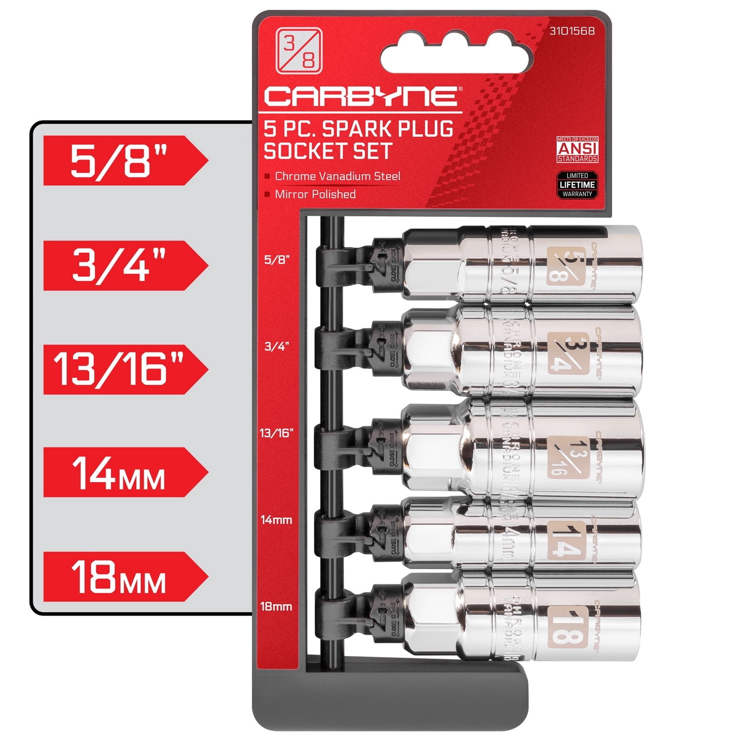 Carbyne 5-Piece Spark Plug Socket Set, 3/8 in. Drive, SAE and Metric, 5/8 3/4 13/16 in. 14mm 18mm, CrV Steel, 6 Point, Rubber Retaining Rings