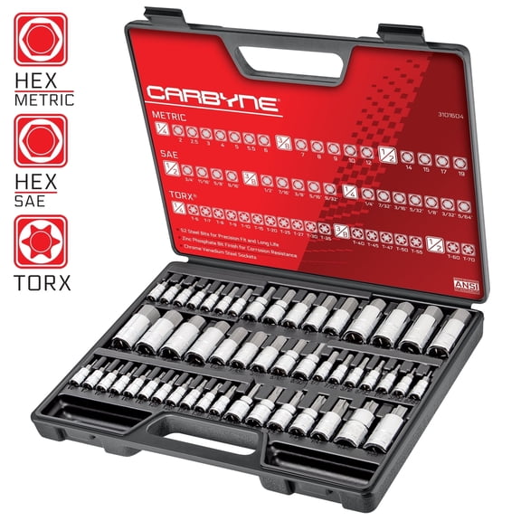 Carbyne 50-Piece Master Torx and Allen Bit Socket Set S2 Steel SAE and Metric Hex and Star Bit Sockets 1/4 in. 3/8 in. and 1/2 in. Drive Torx T6 to