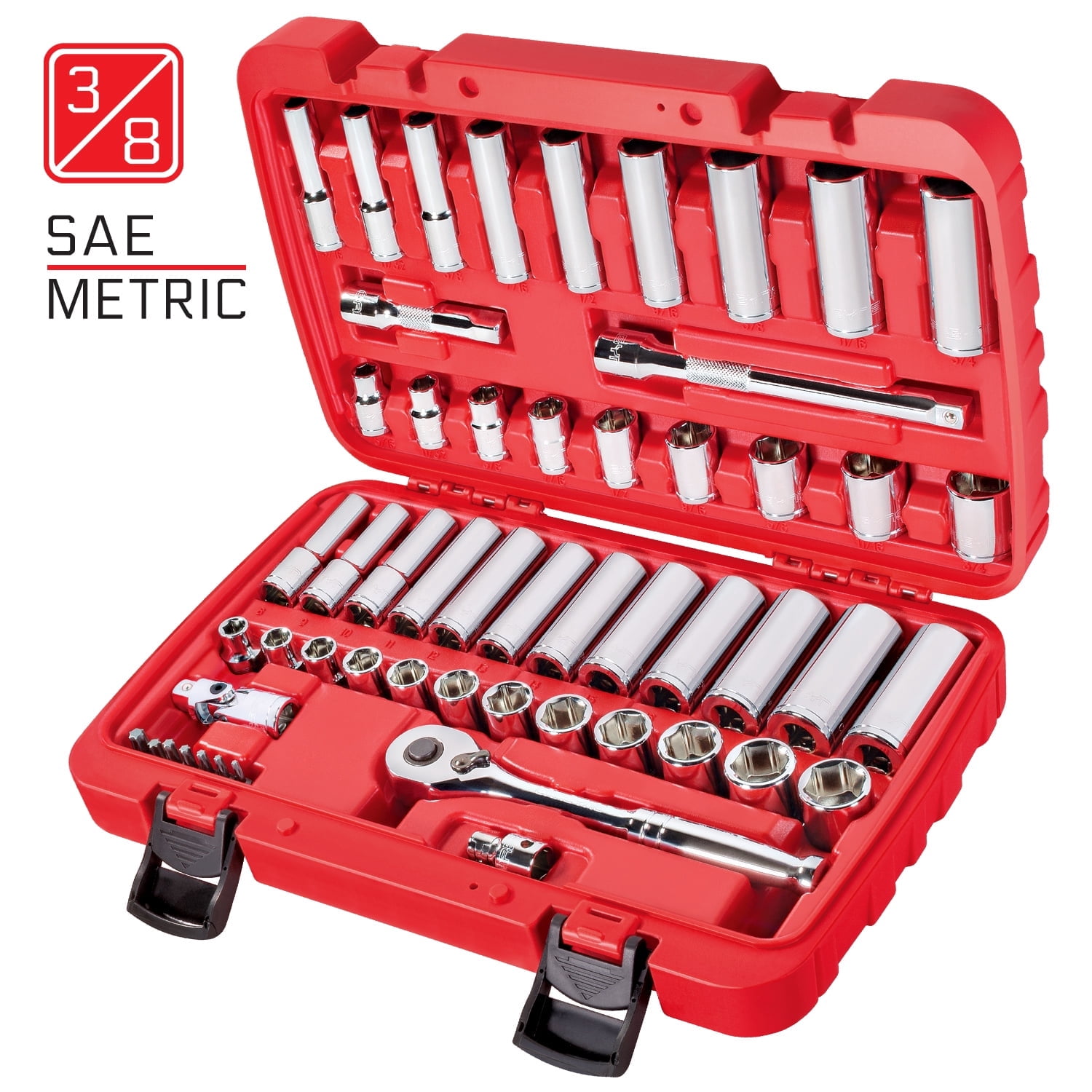 Carbyne 55-Piece 3/8 in. Drive Socket and Ratchet Set, SAE and Metric, 6 Point, CrV Steel, 72-Tooth Ratchet, Deep and Standard Sockets, Storage Case