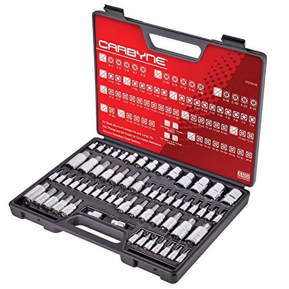 CARBYNE 62 Piece Master Torx Bit Socket Set & Torx External Socket Set, S2 Steel Bits, Cr-V Sockets, 1/4", 3/8" & 1/2" Dr., with Durable Case