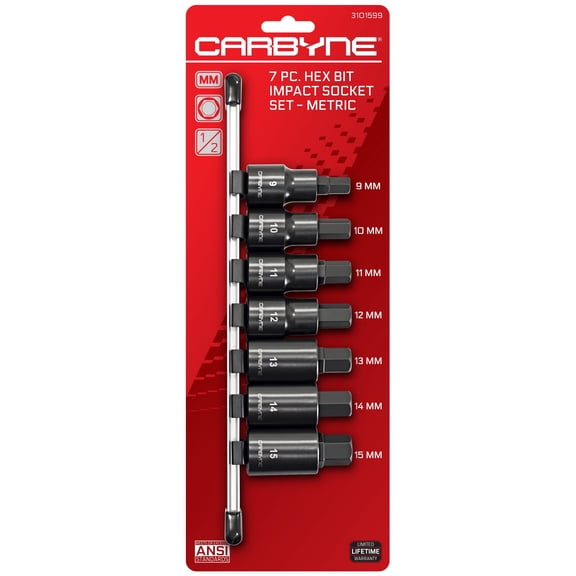 Carbyne 7-Piece Metric Hex (Allen) Bit Impact Socket Set, S2 Steel, 1/2 in. Drive, 9mm to 15mm, Manganese Phosphate Finish, Lifetime Warranty