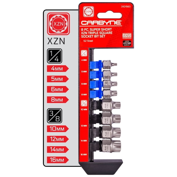 Carbyne 8-Piece Stubby Low Profile XZN Triple Square Bit Socket Set, Metric M4 to M16, 12 Point, S2 Steel, 1/4 in. and 3/8 in. Drive, Press-Fit