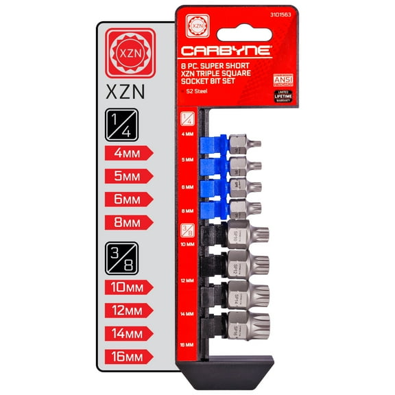 CARBYNE 8 Piece Super Short XZN / Triple Square Bit Socket Set, 4mm to 16mm Sizes, S2 Steel,  Low Profile One Piece Socket Bit Design, Two Drive Options  Internal Square Drive and External Hex Drive