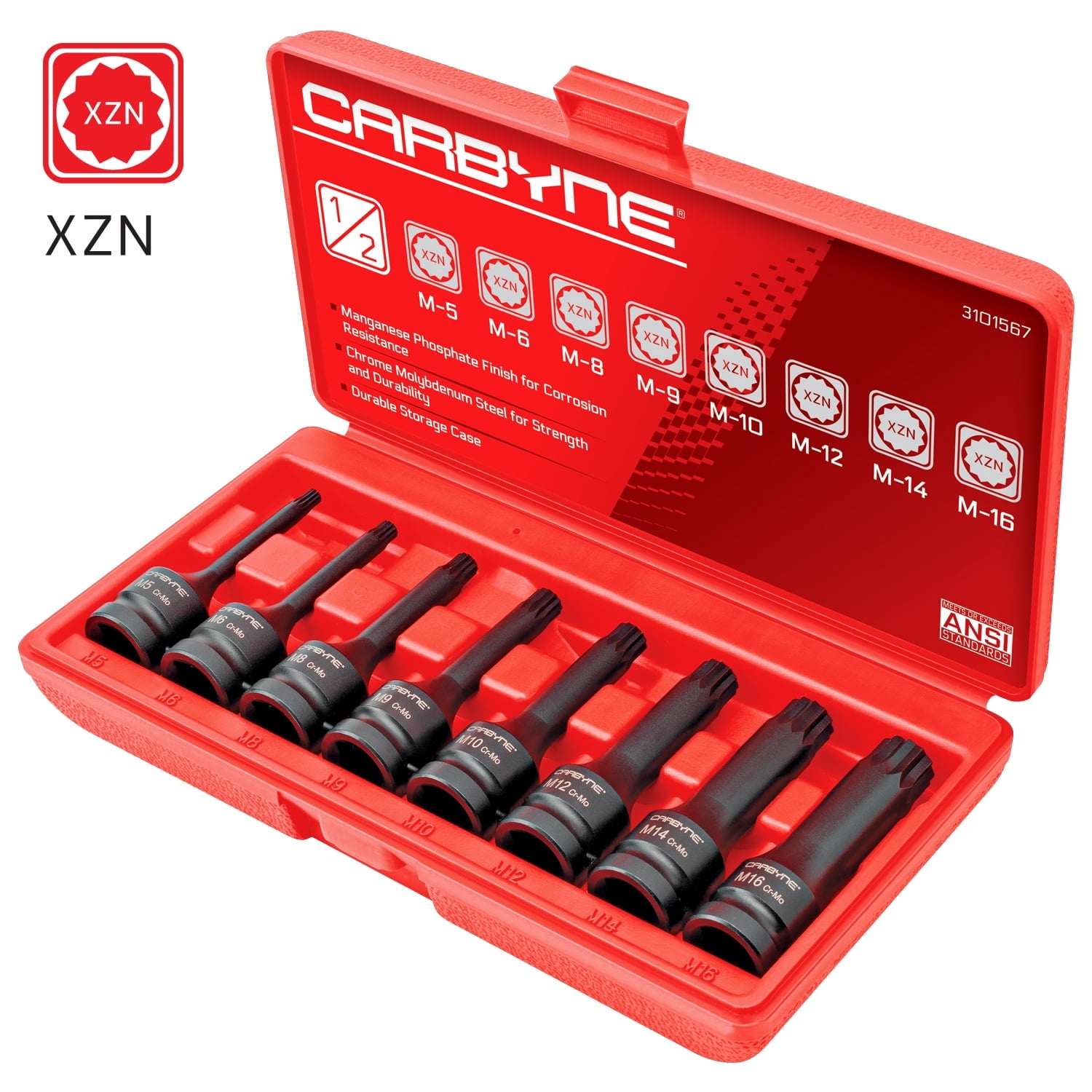 Carbyne 8-Piece XZN Triple Square Impact Bit Socket Set, 12 Point, M5 to M16, 1/2 in. Drive, CrMo Steel, Manganese Phosphate Finish