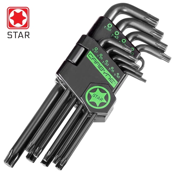 Carbyne 9-Piece Long Arm Torx Wrench Set (Star Key Set), T10 to T50, S2 Steel, Manganese Phosphate Finish, Lifetime Warranty