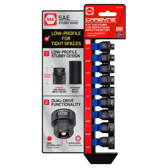 CARBYNE 9-Piece SAE Stubby Low Profile Impact Socket Set, 3/8 in. Drive 1/4 to 3/4 in. Sizes, Cr-Mo Steel, Manganese Phosphate, 17mm External Hex, 22.5mm Height, Hand or Powered Ratchet