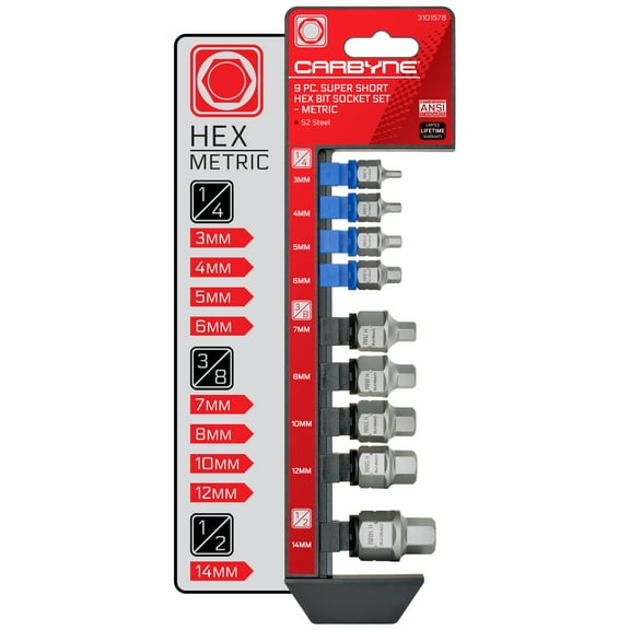 CARBYNE 9 Piece Super Short Hex Bit Socket Set - Metric, 3mm to 14mm Sizes, S2 Steel, Low Profile One Piece Socket Bit Design, Two Drive Options Internal Square Drive and External Hex Drive