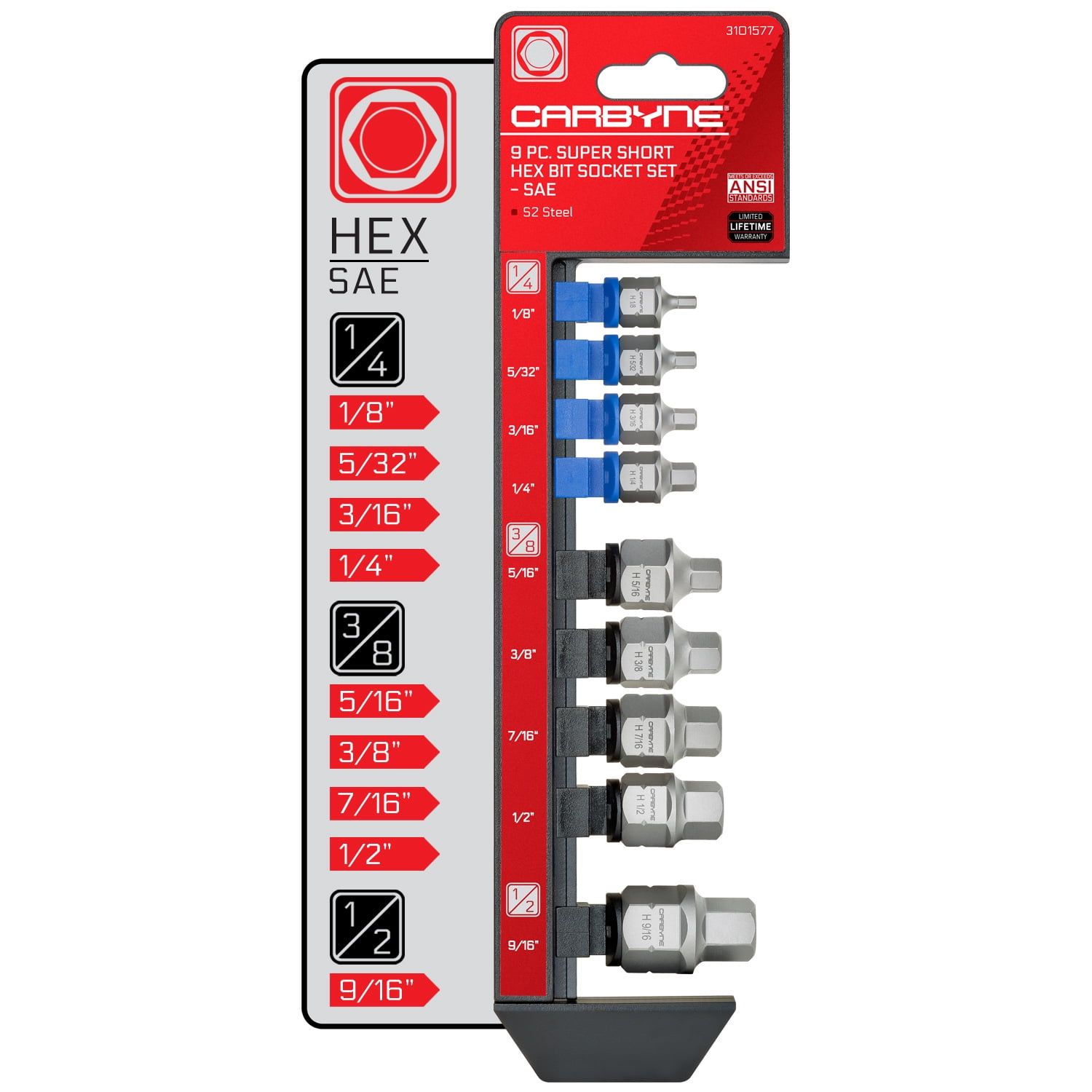 CARBYNE 9 Piece Super Short Hex Bit Socket Set SAE 1 8