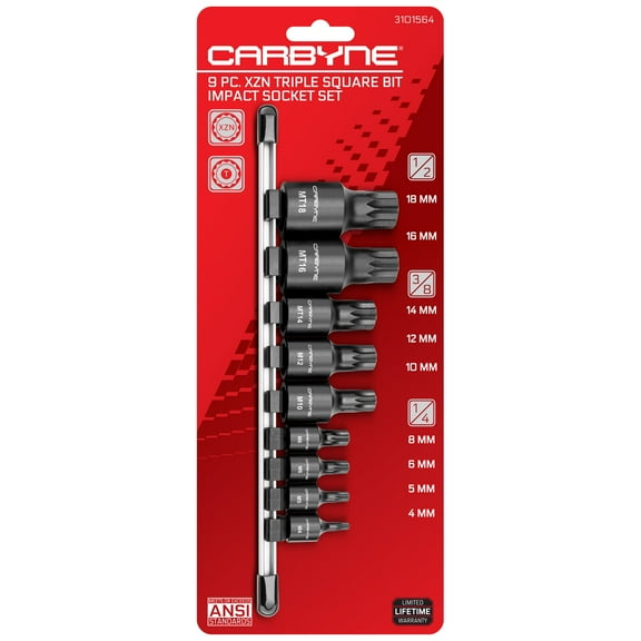 CARBYNE 9 Piece XZN Triple Square Bit Impact Socket Set, 4mm to 18mm Sizes, Chrome Molybdenum Steel Construction, Manganese Phosphate Finish, 1/4", 3/8" & 1/2" Drive with Durable Socket Rail