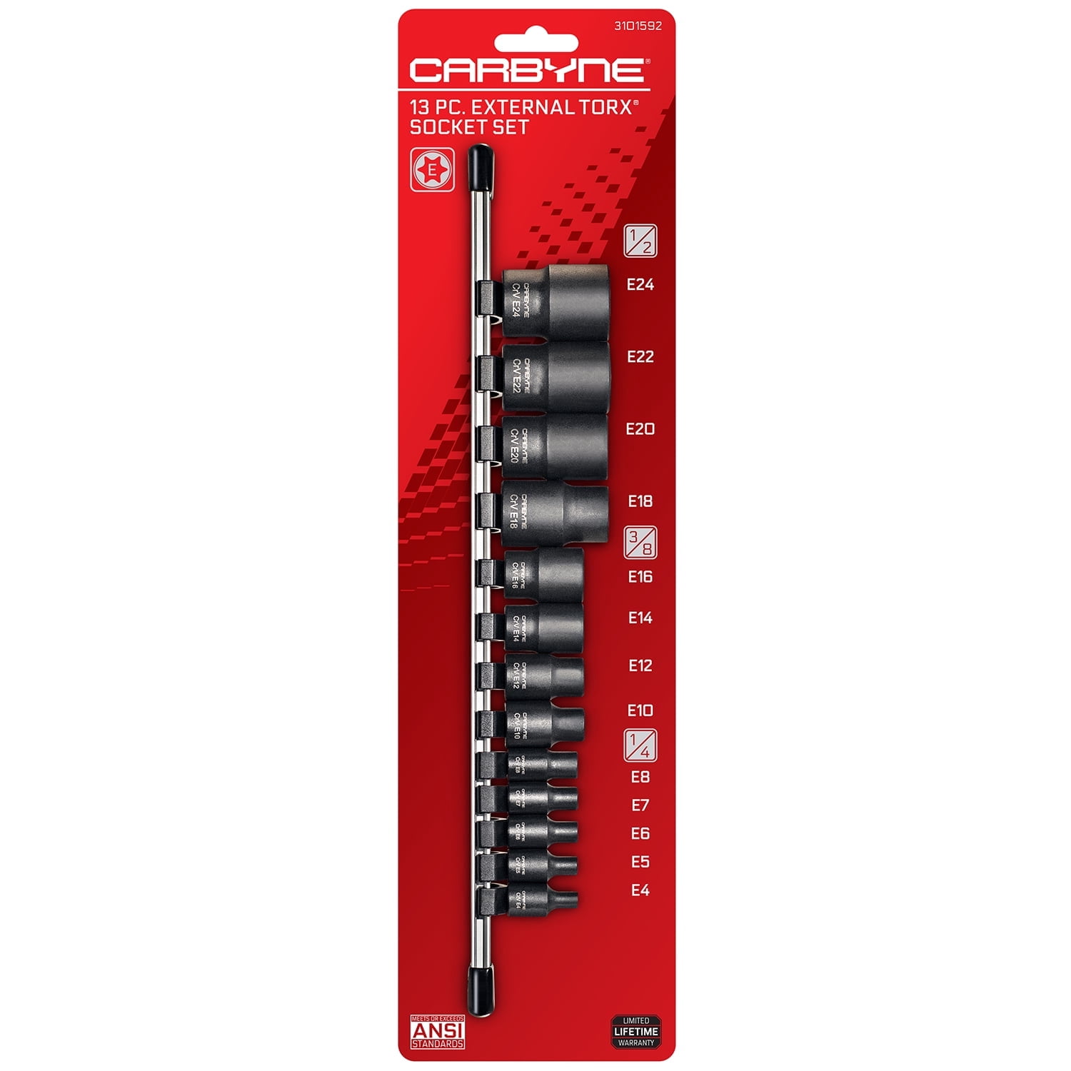 Carbyne 13-Piece External Torx (E-Torx) Socket Set, E4 to E24, CrV Steel, Manganese Phosphate Finish, 1/4 3/8 1/2 in. Drive, Laser Etched
