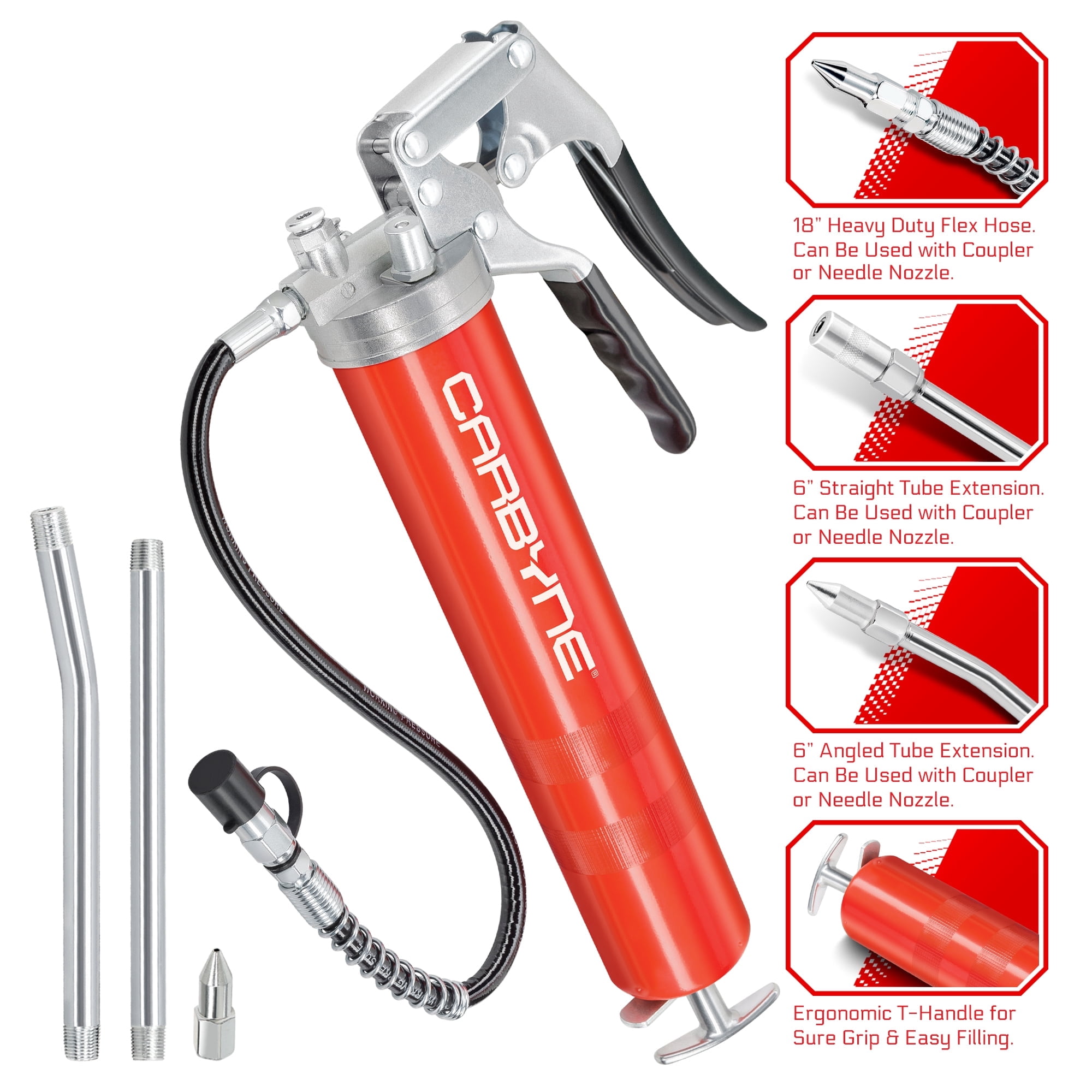Carbyne Grease Gun, Pistol Grip, 7500 Psi, Steel Barrel, 3-Way Loading, 18 in. Hose, Straight and Angled Tubes, Needle Nozzle, Coupler