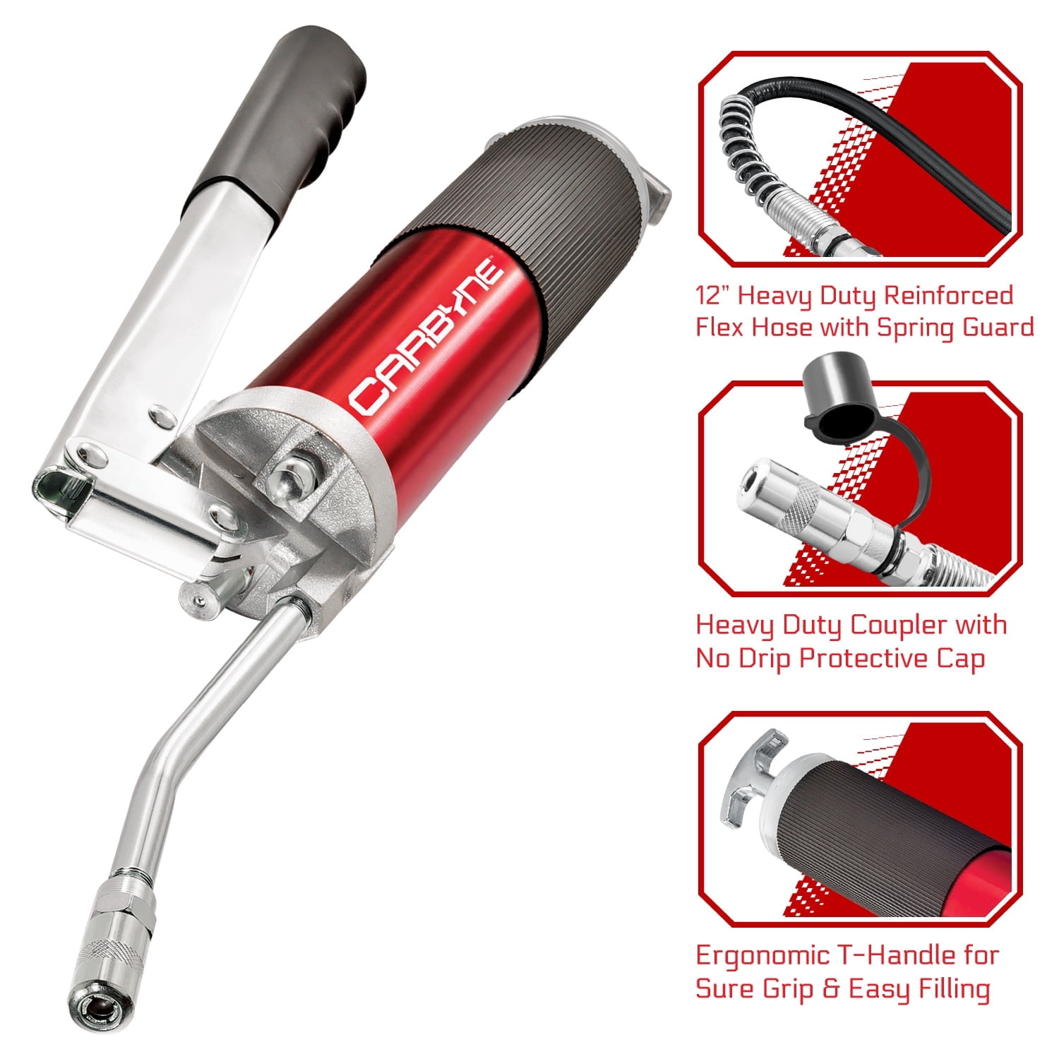 Carbyne Grease Gun, Lever Handle, Anodized Aluminum Barrel, 3-Way Loading, 12 in. Flex Hose, 6 in. Rigid Extension, Coupler, for Zerk Fittings