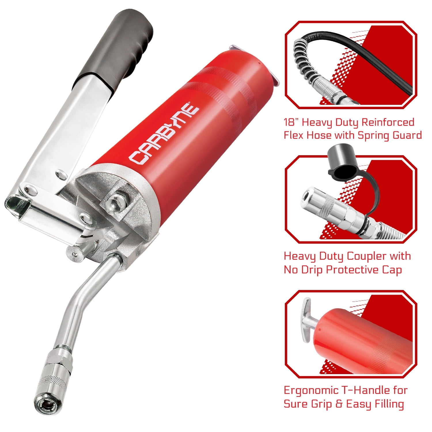 Carbyne Grease Gun, 8000 Psi, Lever Handle, Heavy Duty Steel Barrel, 3-Way Loading, 18 in. Hose, Angled Tube, Needle Nozzle, Coupler