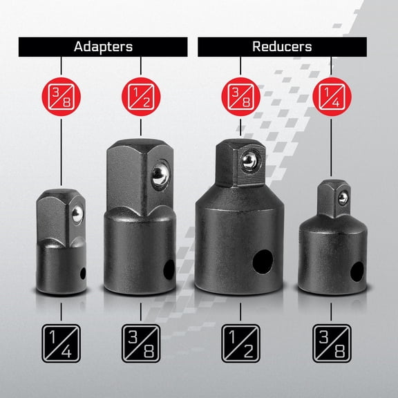 Carbyne 4-Piece Impact Socket Adapter Set, CrV Steel, 1/4 to 3/8 to 1/2 in. Drive, Ratchet to Impact Wrench Adapter, Lifetime Warranty