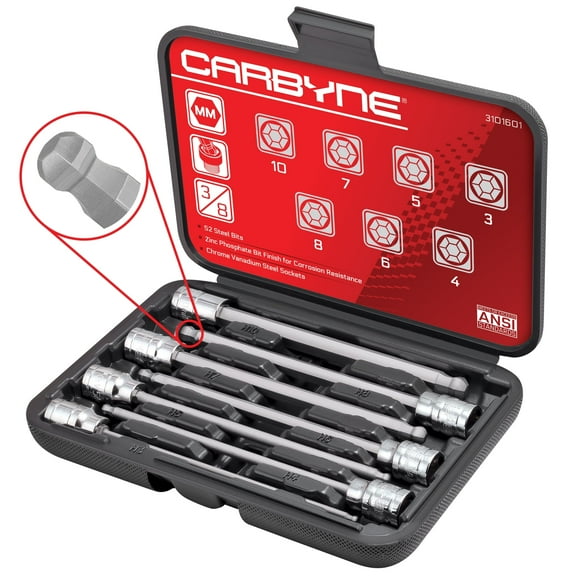 CARBYNE 7-Piece Metric Ball End Extra Long Hex Bit Socket Set (3mm to 10mm Sizes), 3/8" Drive