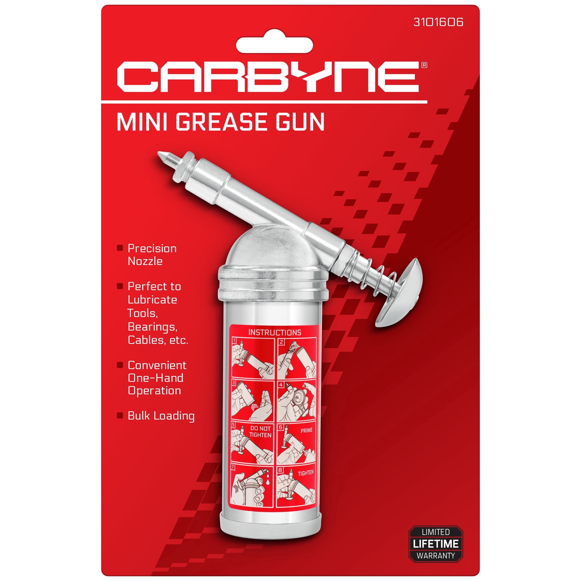 Carbyne Mini Grease Gun, 3000 Psi, Push-Type, Precision Nozzle, 2.7 Oz Bulk-Load, Steel Barrel, for Bearings, Bikes, Power Tools, Lifetime Warranty