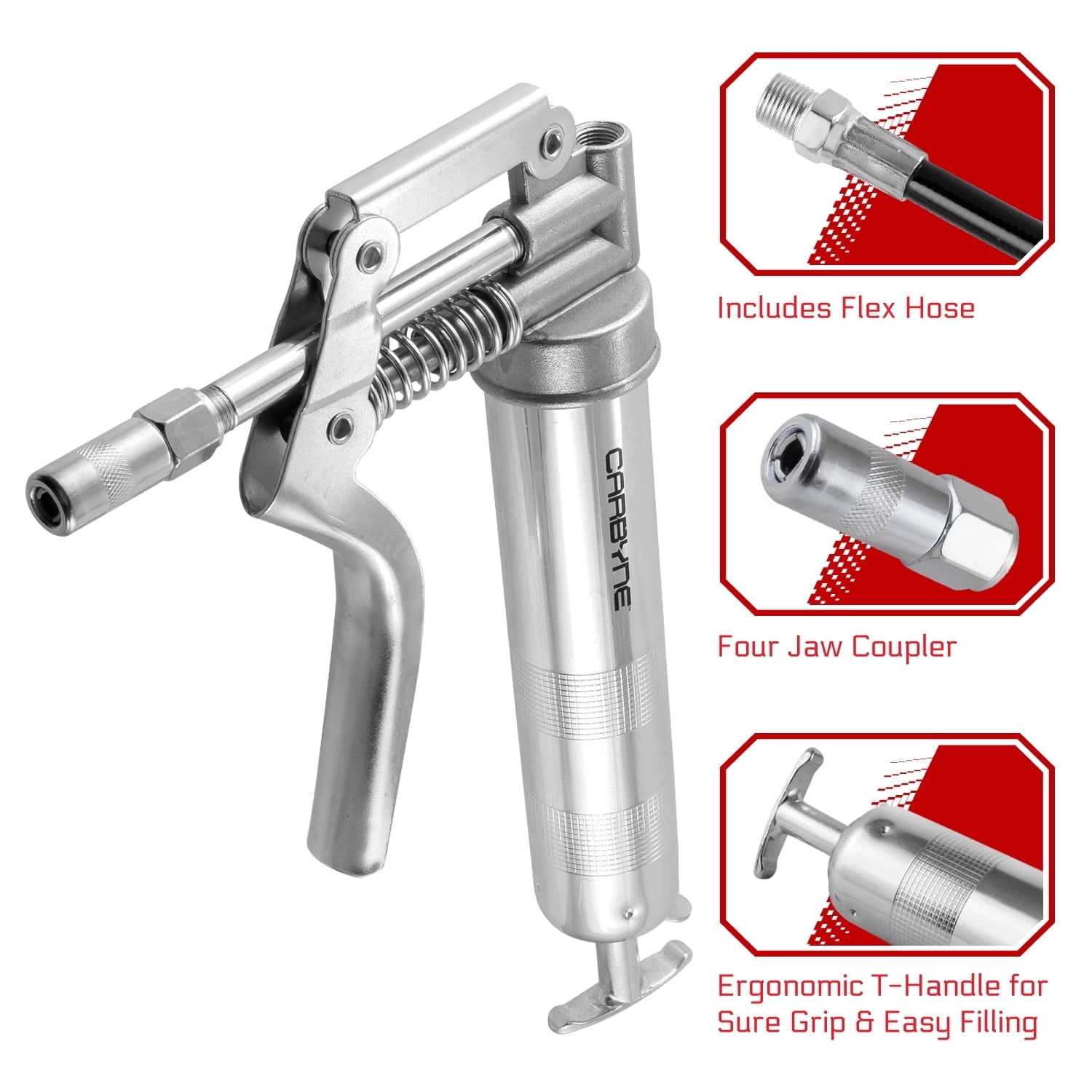Carbyne Mini Grease Gun, Pistol Grip, 3000 Psi, Knurled Steel Barrel, 12 in. Flex Hose, 4 in. Rigid Tube, Coupler, 2-Way Loading, 3 Oz Capacity