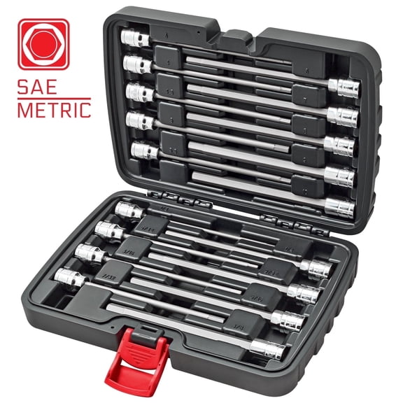 Carbyne 18-Piece Extra Long Hex (Allen) Bit Socket Set, SAE 1/8 to 3/8 in. and Metric 3 to 10mm, 3/8 in. Drive, S2 Steel, CrV Sockets