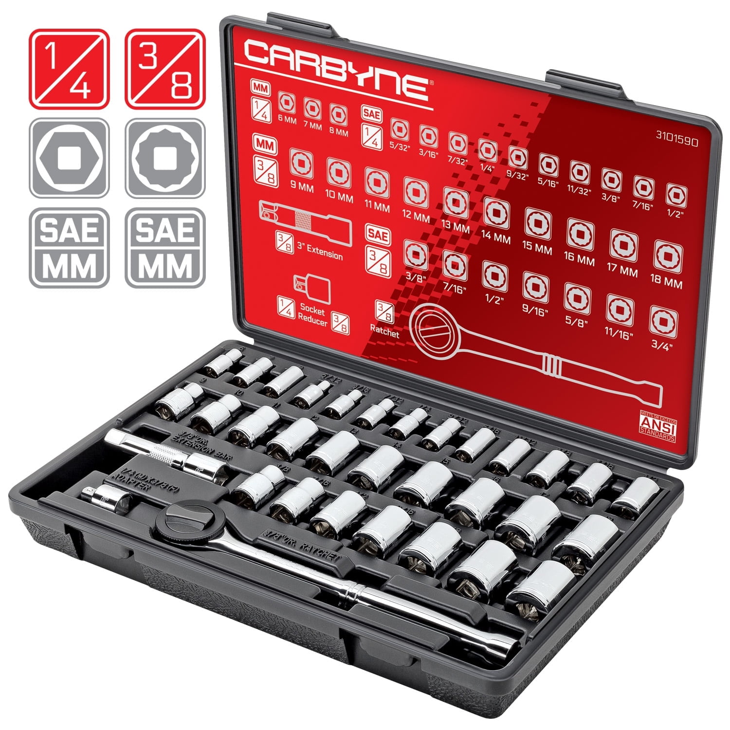 Carbyne 34-Piece 1/4 and 3/8 in. Drive Socket and Ratchet Set, SAE and Metric, CrV Steel, 72-Tooth Ratchets, 6 and 12 Point, Compact Storage Case