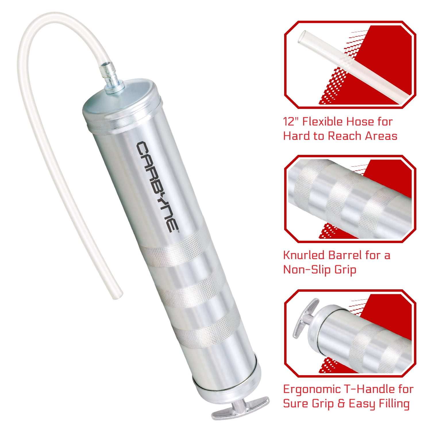 CARBYNE Suction Gun, 14 ounce Capacity with 12 inch Flexible Hose, Fills & Drains Transmissions, Differentials, Gear Boxes and Much More.  Ideal For Automotive, Agriculture, Industrial or Marine Use