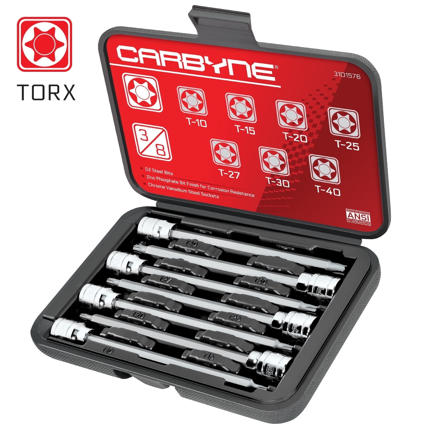 Carbyne 7-Piece Torx Extra Long Bit Socket Set, T10 to T40, 3/8 in. Drive, S2 Steel Bits, CrV Sockets, Zinc Phosphate, 6.1 in. Length, Durable Case