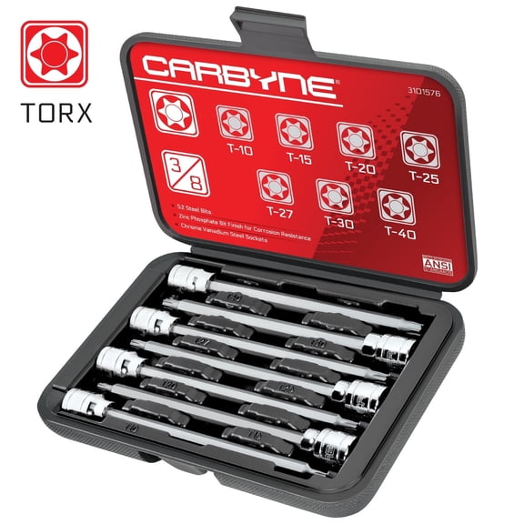 Carbyne 7-Piece Torx Extra Long Bit Socket Set, T10 to T40, 3/8 in. Drive, S2 Steel Bits, CrV Sockets, Zinc Phosphate, 6.1 in. Length, Durable Case