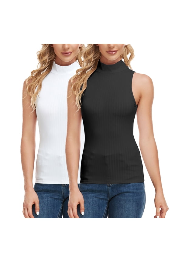 2 Pack Women's Sleeveless High Turtleneck Fitted Tank Top (S-XL)