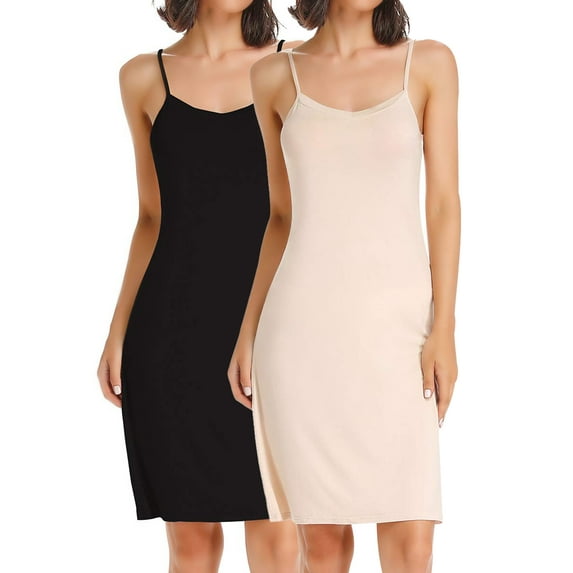 CARCOS 2 Packs Full Slip For Women Under Dress Adjustable Spaghetti Strap Knee Length Slips Undergarment Nightwear Black/Apricot,L