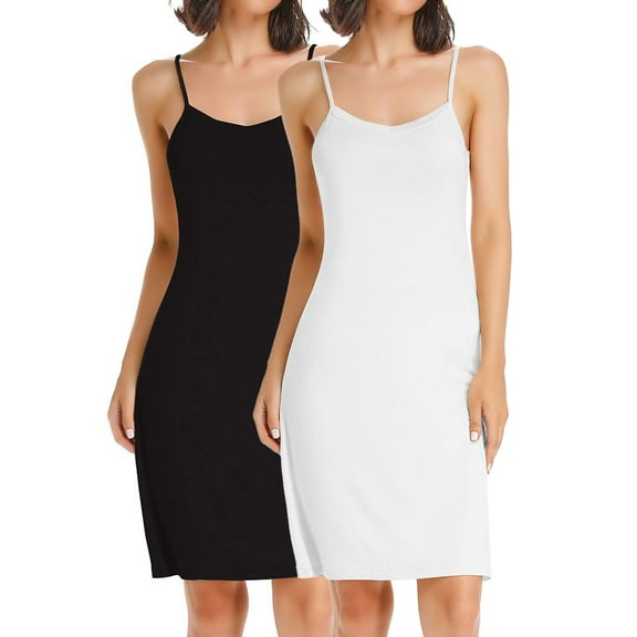 CARCOS 2 Packs Full Slip For Women Under Dress Adjustable Spaghetti Strap Knee Length Slips Undergarment Nightwear Black/White,XL