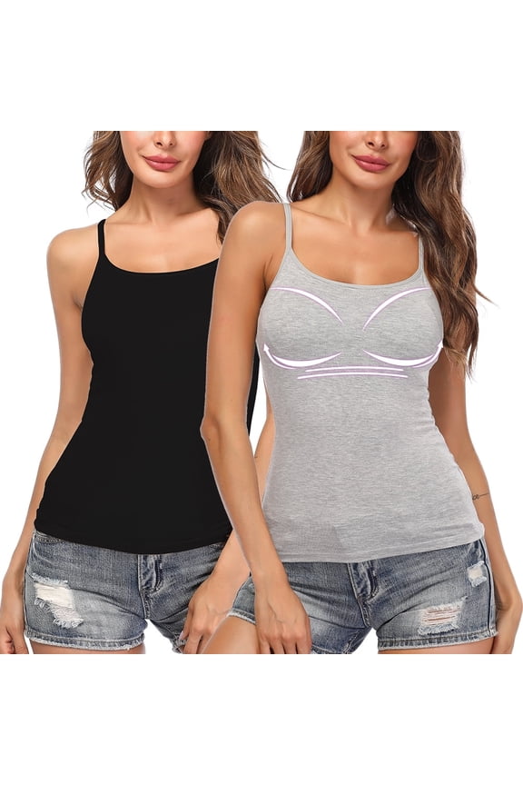 2 Packs Women's Cami With Built-In Shelf Bra Plus Stretch with Adjustable Spaghetti Straps Basic Undershirt Layer Tank Top Black-Gray M
