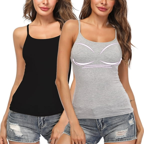 CARCOS 2 Packs Women's Cami With Built-In Shelf Bra Plus Stretch with Adjustable Spaghetti Straps Basic Undershirt Layer Tank Top Black-Gray XL