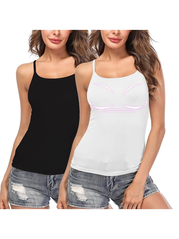 2 Packs Women's Cami With Built-In Shelf Bra Plus Stretch with Adjustable Spaghetti Straps Basic Undershirt Layer Tank Top Black-White L